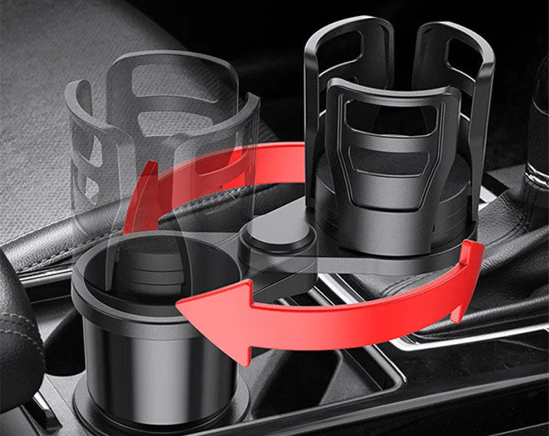 Black ABS car cup holder with retractable arms and fixed small cup, 121x87x208 mm