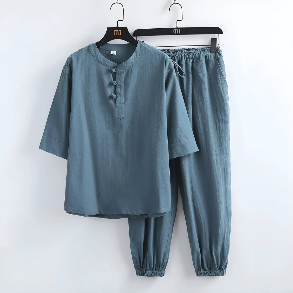 Men's cotton linen short sleeve Hanfu lay Buddhist suit in khaki, with front buckle and matching trousers