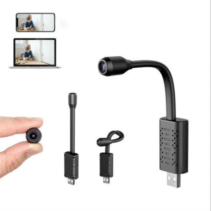 Small black V380 wireless USB security camera shown next to a microSD card.