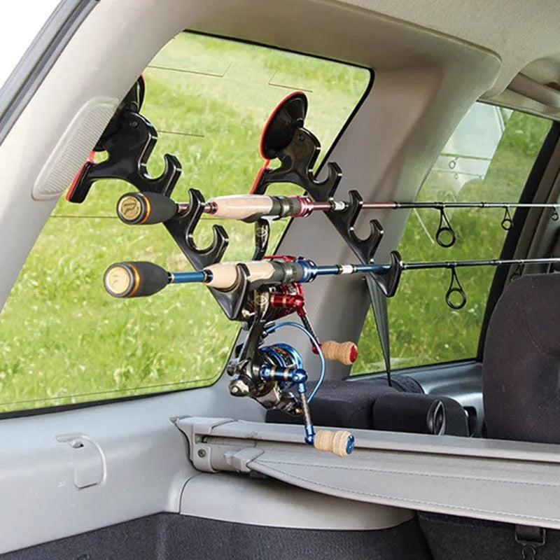 Black plastic car fishing rod bracket with suction cup mount for holding one fishing rod in a vehicle.