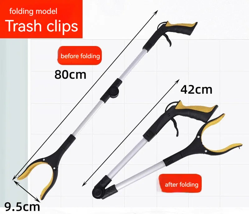 Foldable aluminium garbage clamp with blue handle extended to 80cm and folded to 42cm with magnet
