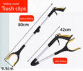 Foldable aluminium garbage clamp with blue handle extended to 80cm and folded to 42cm with magnet