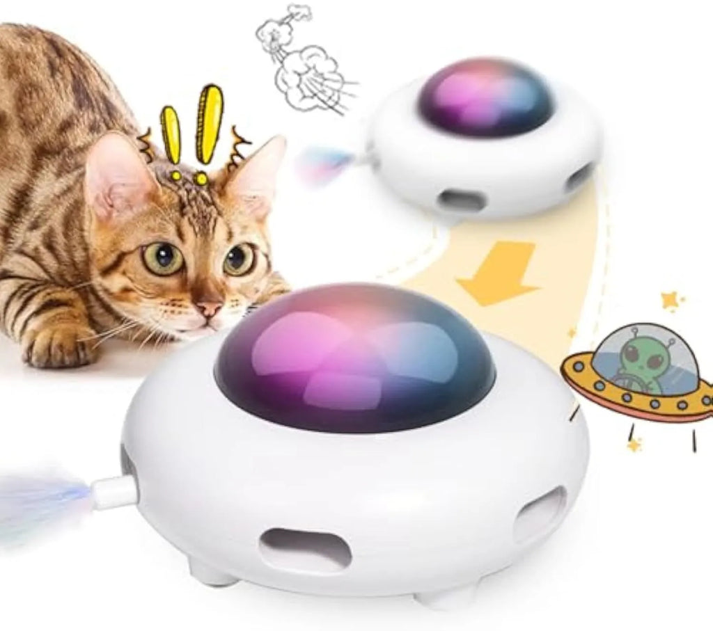 White automatic interactive cat toy with feathers and cleaning ring for indoor cats