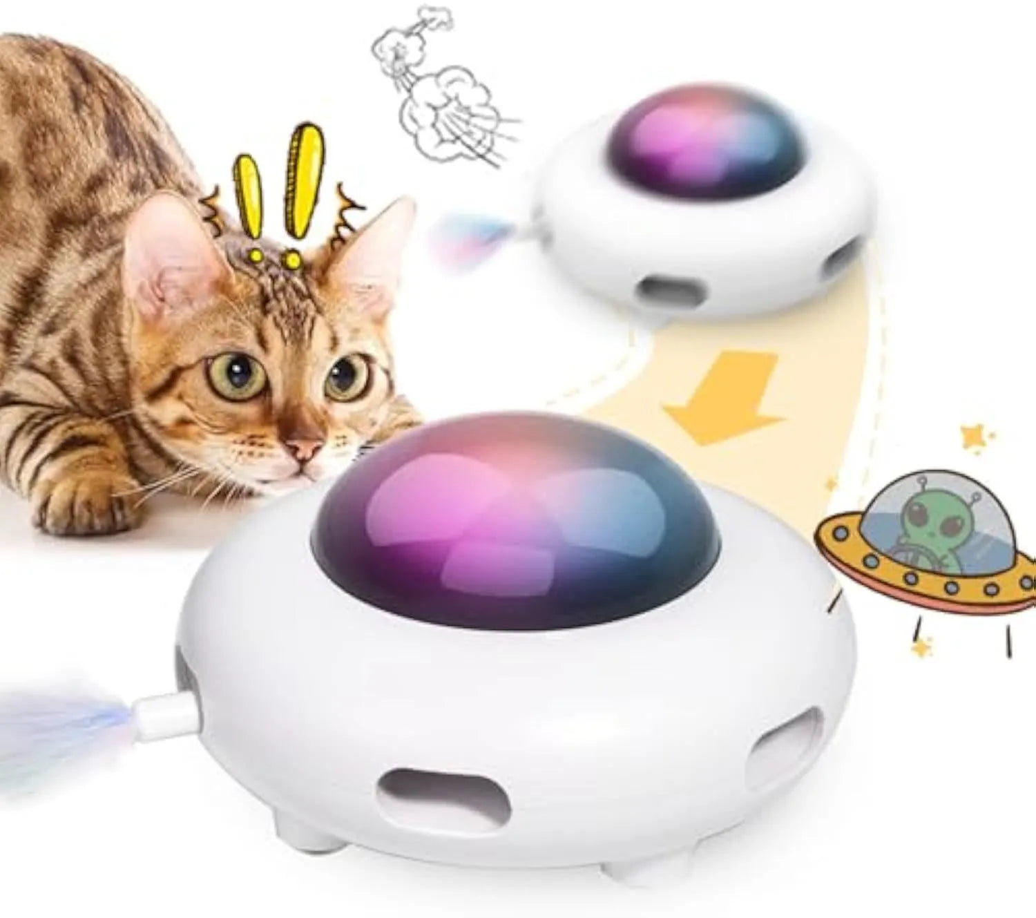 White automatic interactive cat toy with feathers and cleaning ring for indoor cats