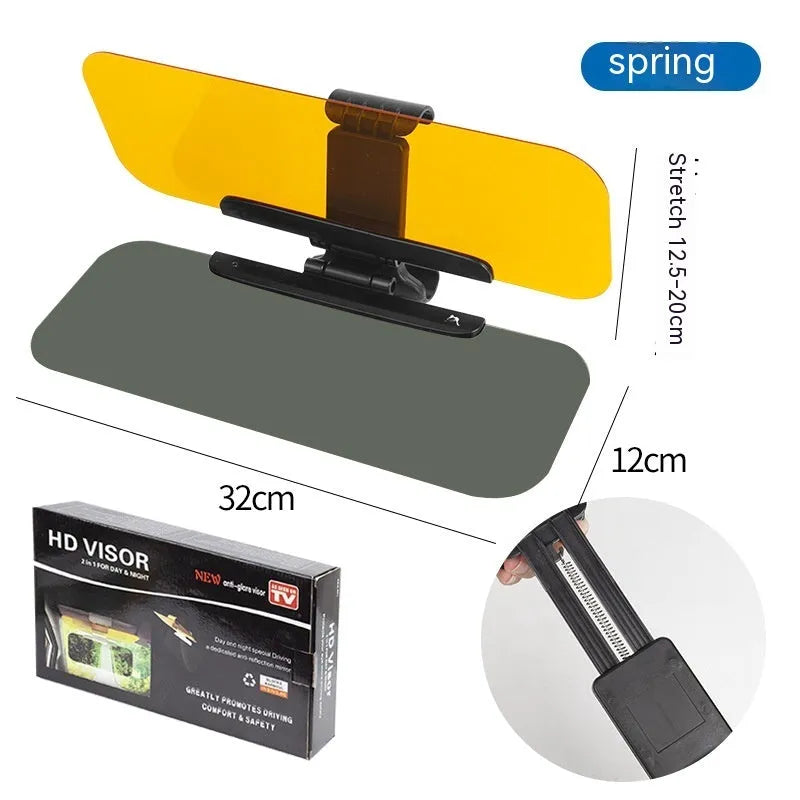 Car anti-glare sun visor with acrylic lens showing adjustable stretch, button, and spring installation options