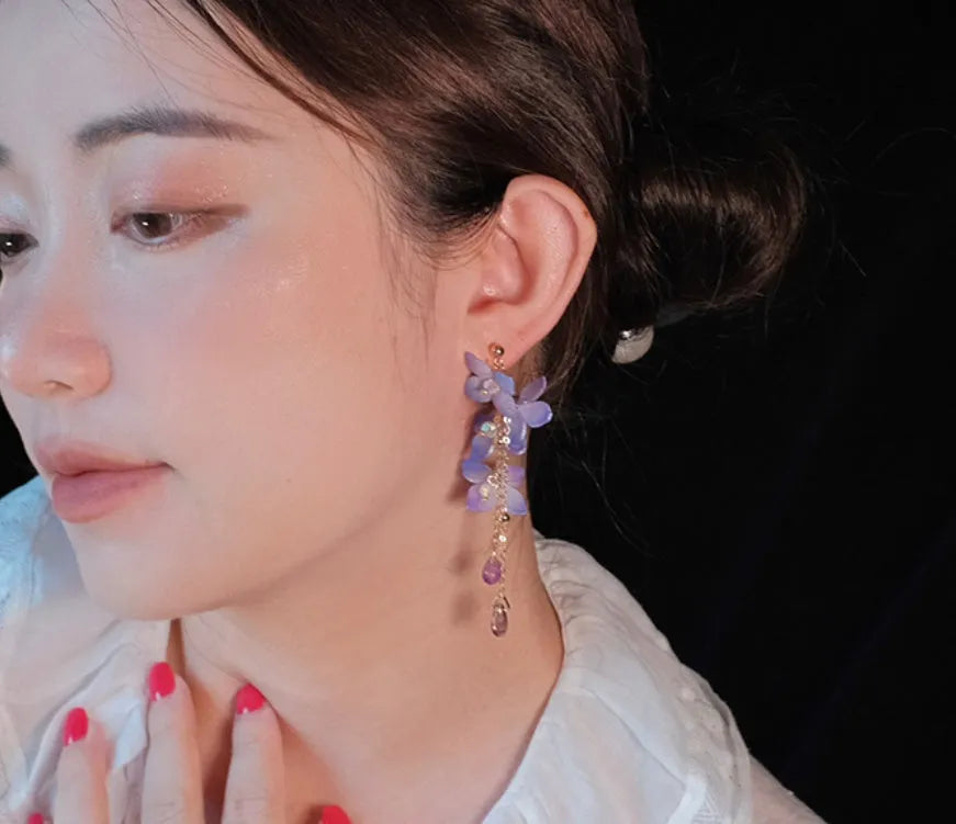 Handmade cold blue purple flower long tassel water drop earrings with gold-plated inlaid artificial gem
