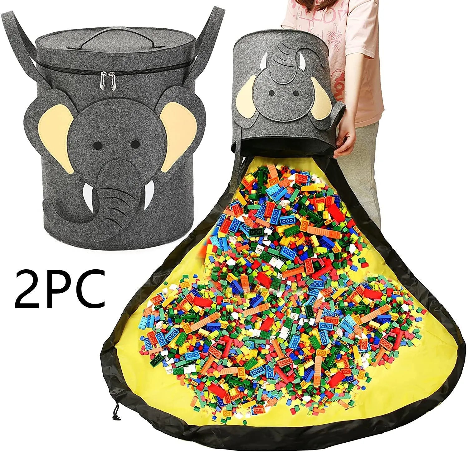 Green felt cube storage bag with pull rope handles that converts to toy play mat