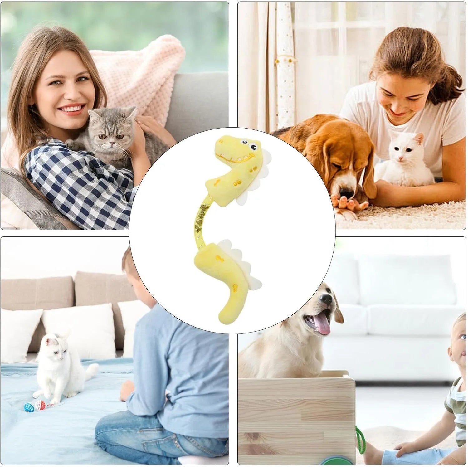Bundle of four cat toys including chew toys, rope toys with springs, and kicker toys for indoor cats