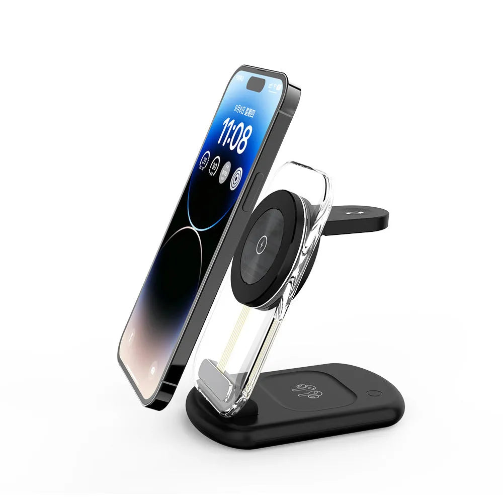 Transparent folding 3-in-1 magnetic wireless charger in black on a desk