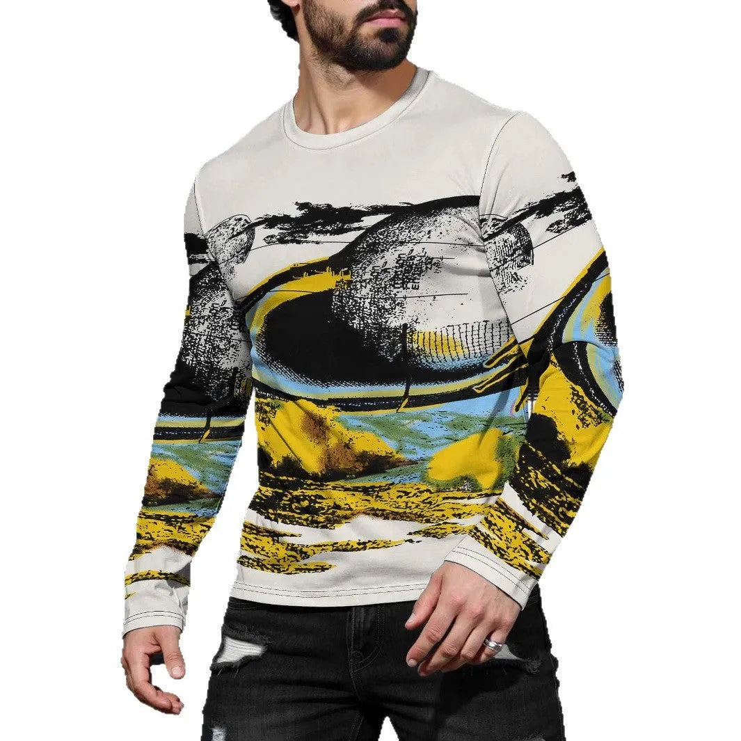 A man wearing a simple grey milk silk long sleeve pullover with a round neck.