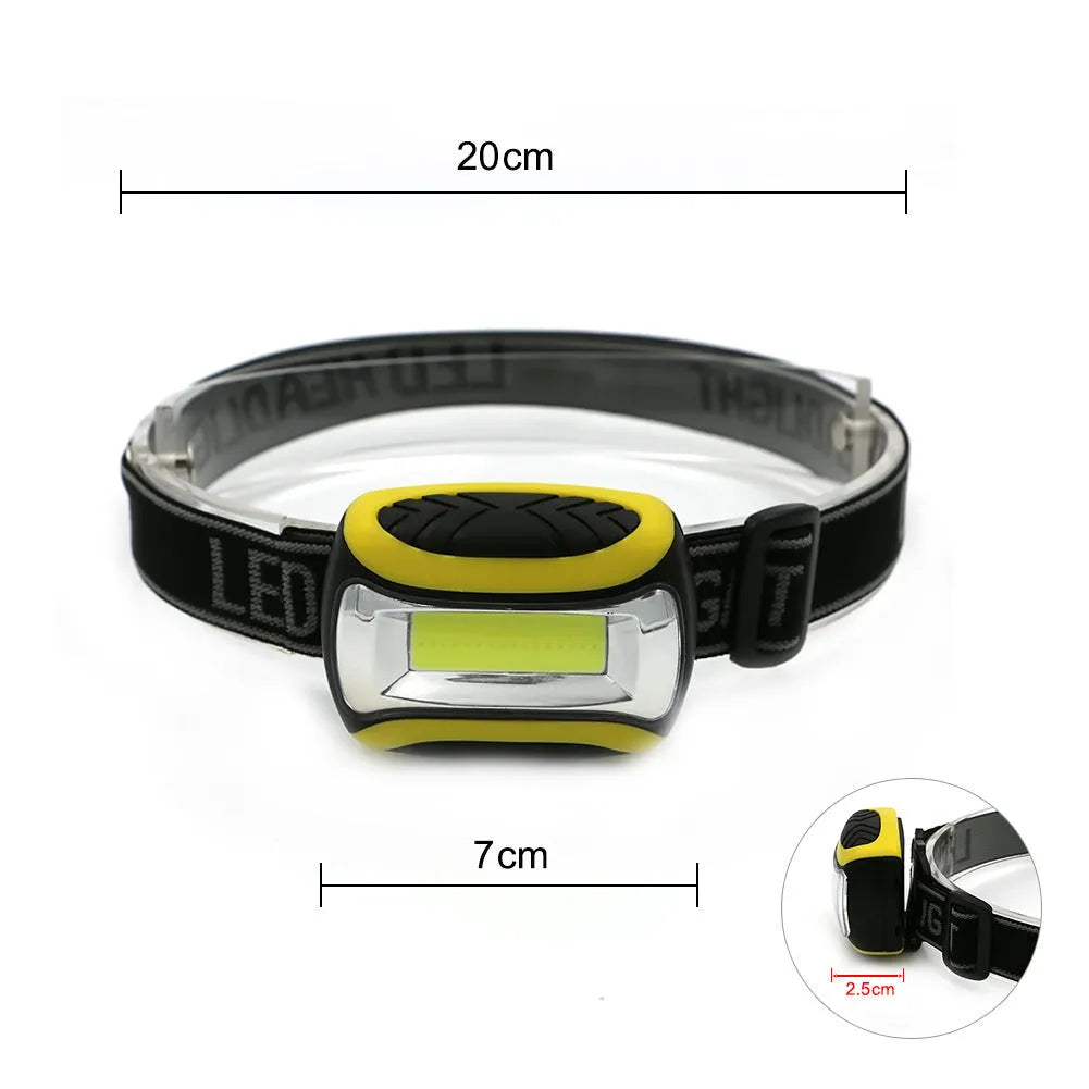 Yellow plastic headlamp with three speed settings and COB LED light for outdoor use.