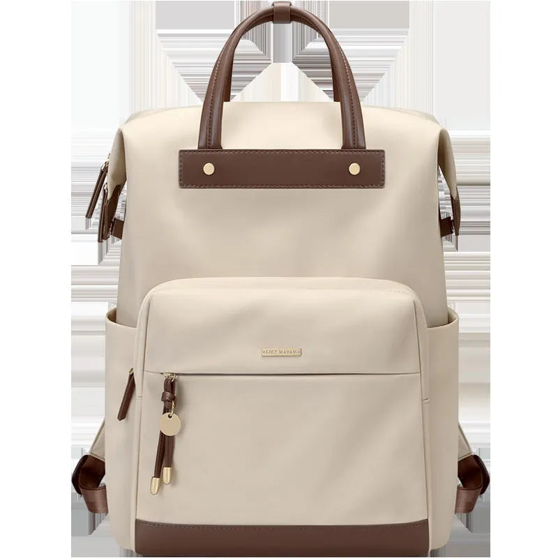 Women's apricot backpack with adjustable shoulder strap showing front view