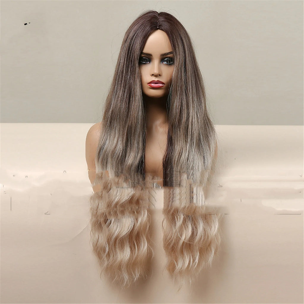 Medium brown gradient blonde women's long curly hair wig 75cm length with medium bangs