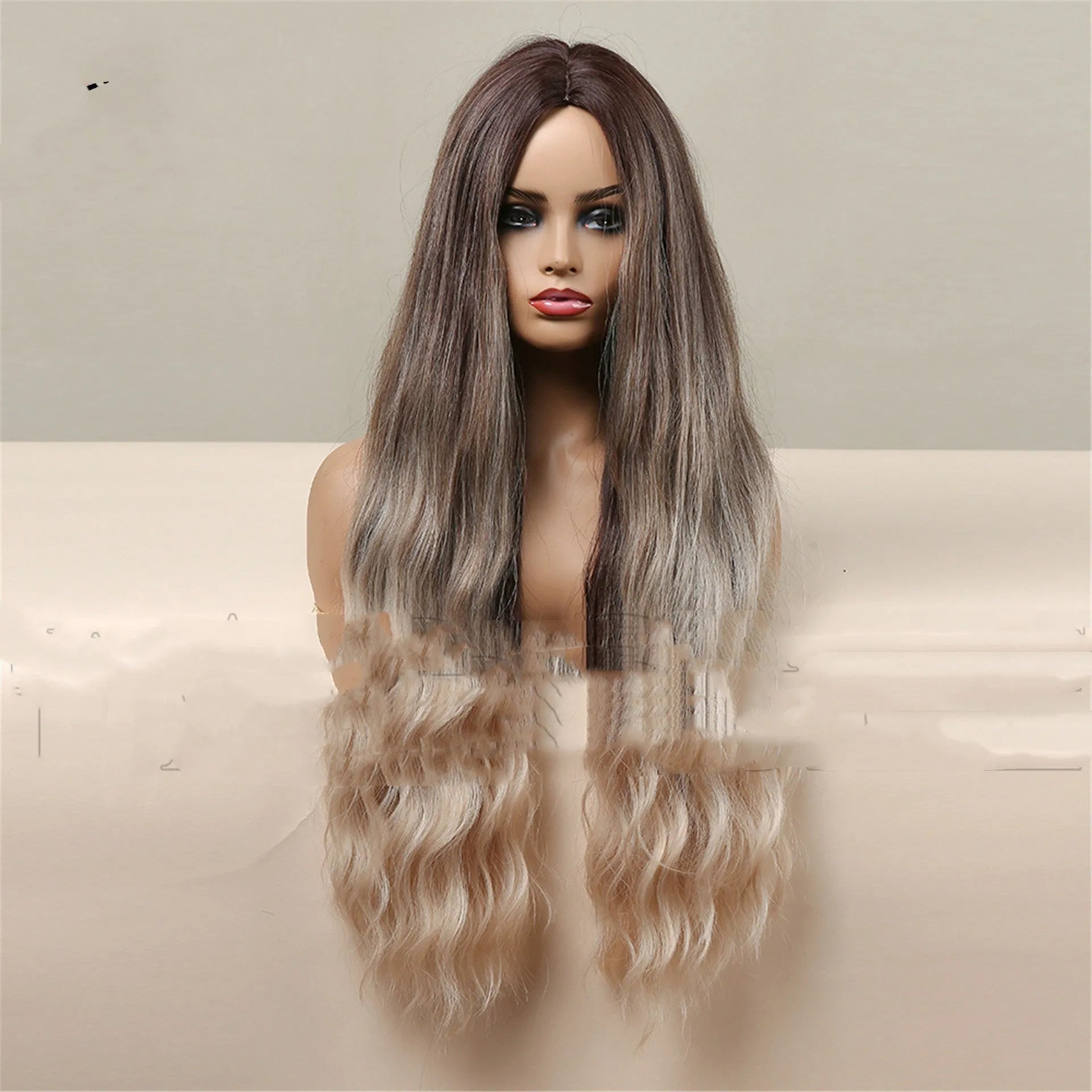 Medium brown gradient blonde women's long curly hair wig 75cm length with medium bangs