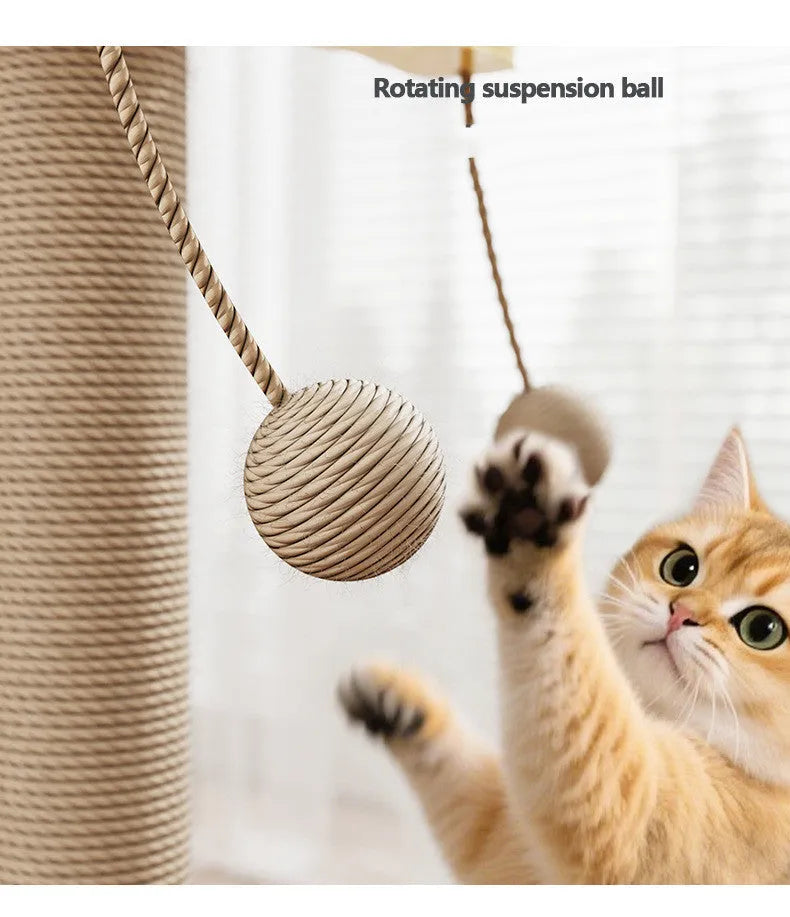 Windmill coloured pine wood cat climbing frame with a hanging ball and carpet leather scratching surfaces.