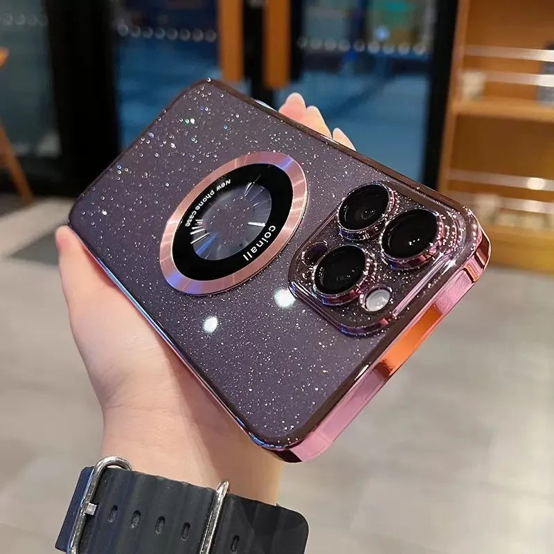 Electroplating glitter magnetic phone case for iPhone in black, dark purple, far peak blue, silver, pink.