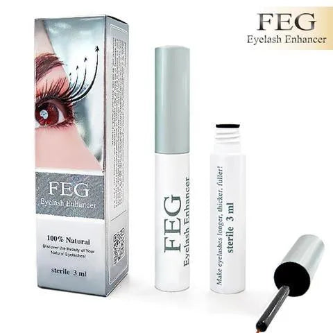 FEG Eyelash Enhancer 30ml bottle, paraben-free serum for lashes and brows, shown with applicator