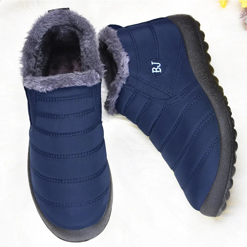 Women's waterproof winter snow boots with cotton lining, sheep shearling insole, low heel, in black, coffee, dark blue, gray, purple