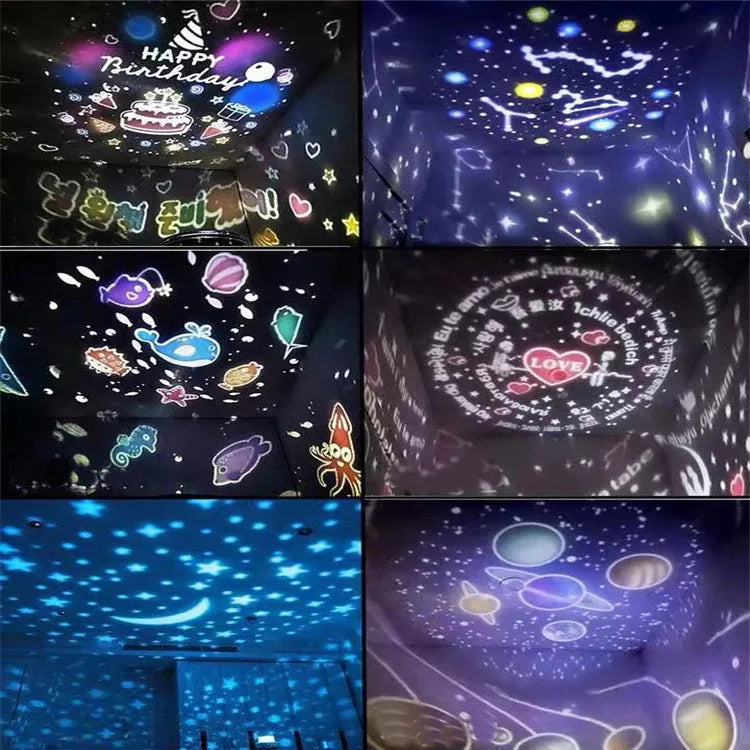 Sky Fall projector night light showing constellation projection on ceiling, with USB cable and five film slides