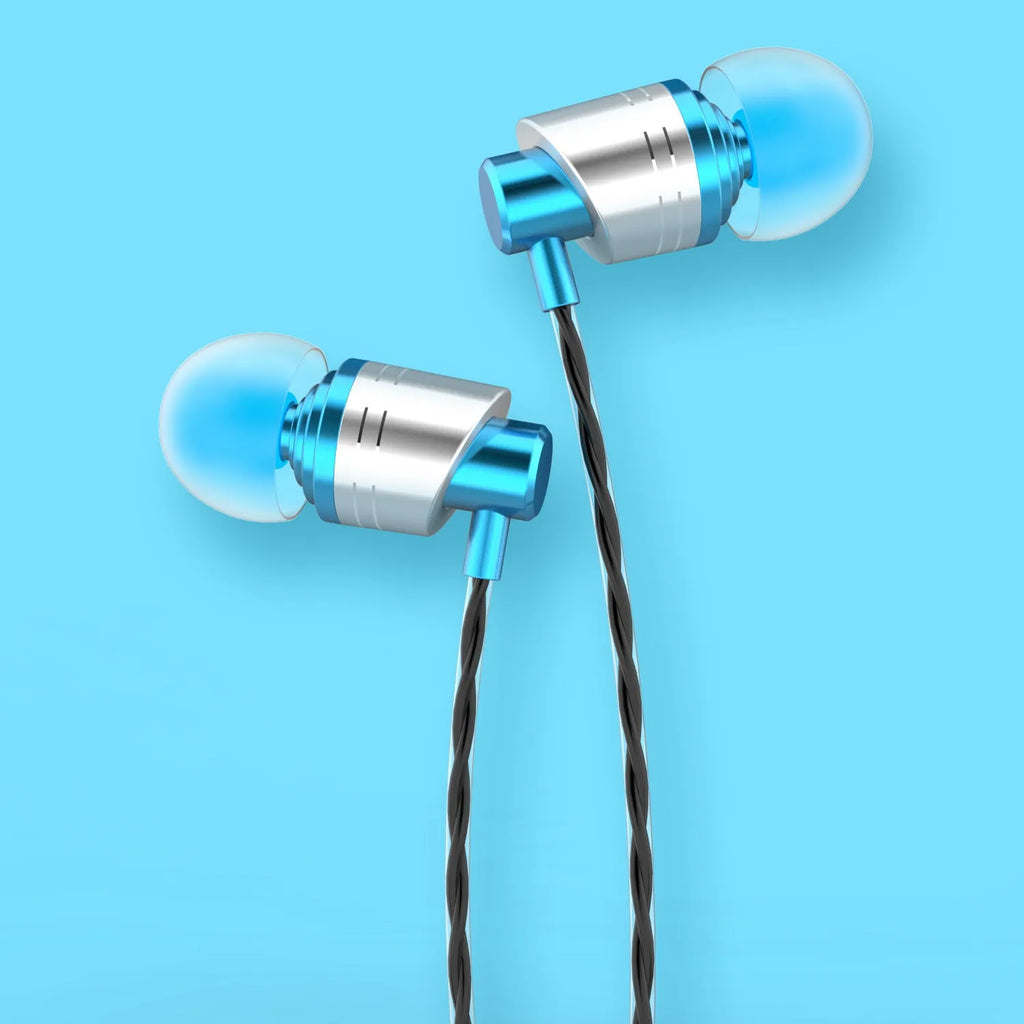 Black wired in-ear headphones with microphone on cable and silicone eartips next to a 3.5mm plug.