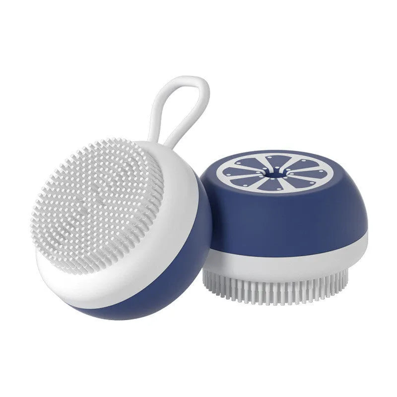 Yellow silicone pet bath brush with 3D massage head for dog and cat grooming during bath time