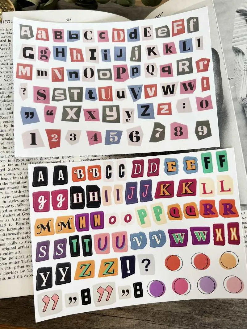 Set of cute style decorative stickers showing English letters, numbers, symbols, and weekly words.