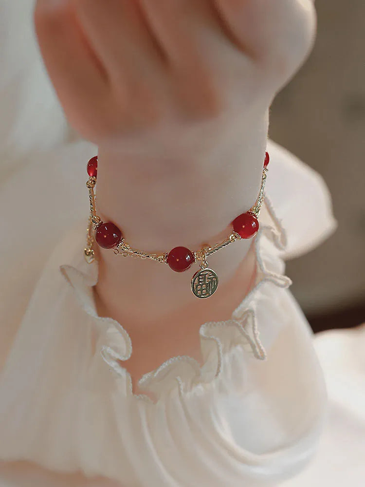 Red agate and alloy double-layer bracelet with animal modelling and square pattern design in gift box