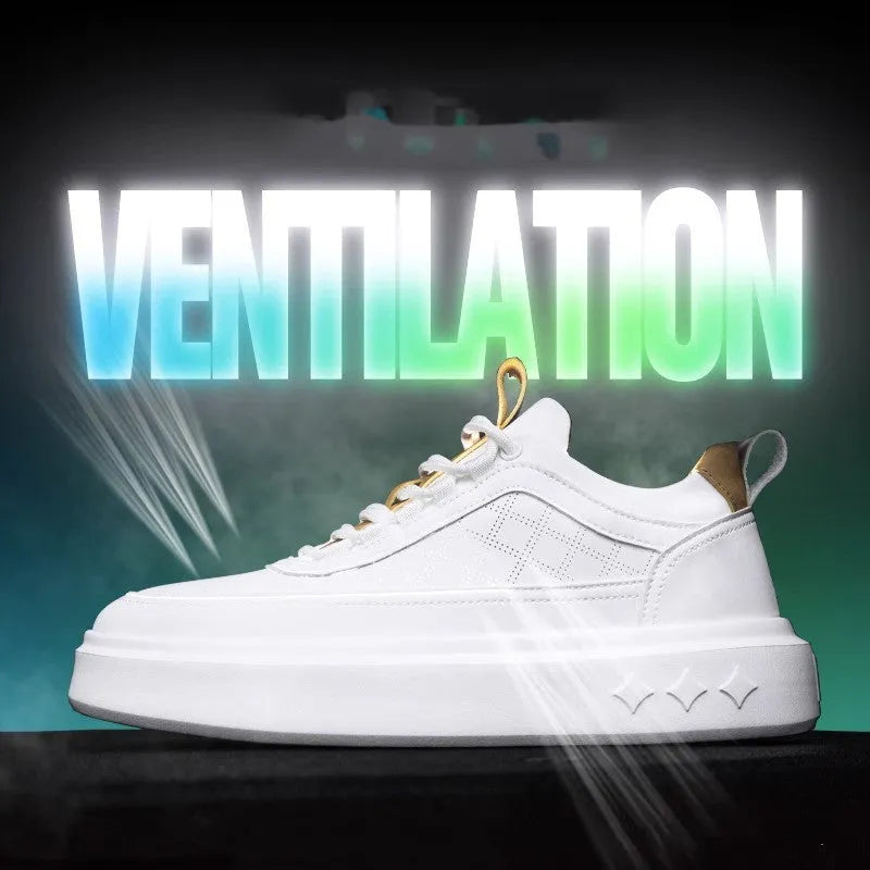 British style thick soled hollowed out breathable casual board shoes in white brown, platform heel, solid colour