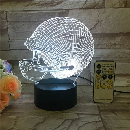 3D rugby hat acrylic LED lamp with colourful touch control on a wooden table