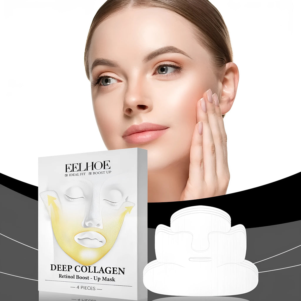 Four collagen facial sheet masks showing 23.5x16.8cm size for skincare application