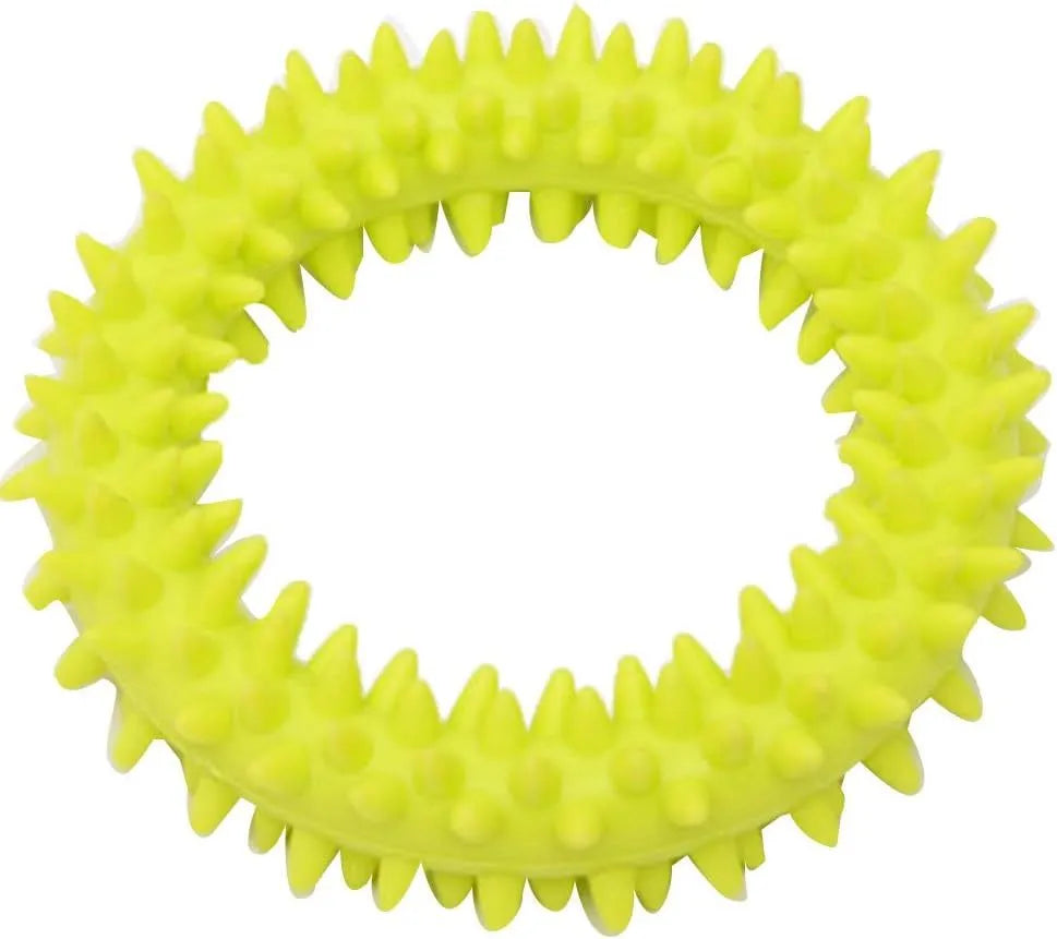 Blue spiky circle ring dog chew toy made of TPR for bite training and dental cleaning.