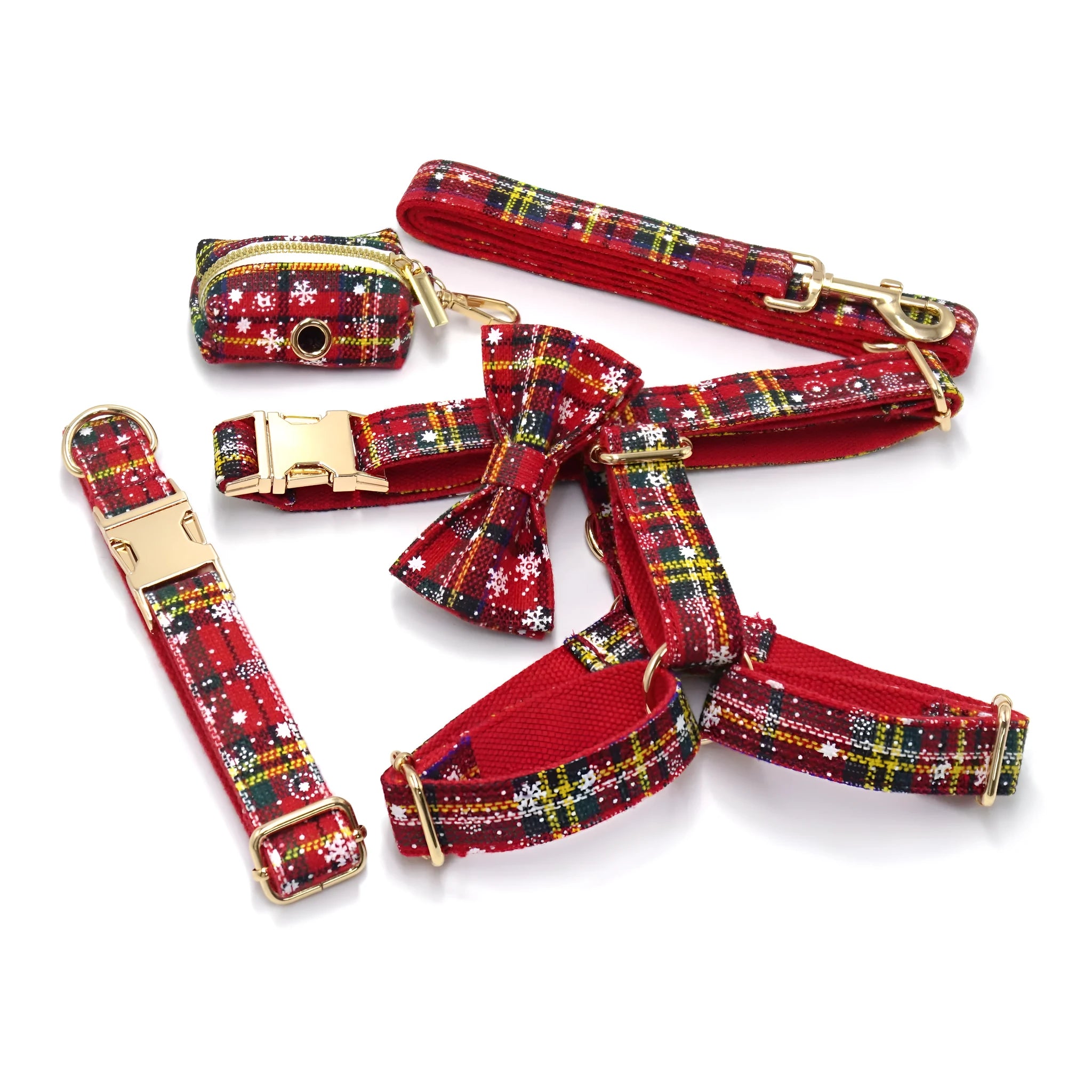 Red Christmas pet collar, traction rope, bow, and chest-back harness bag set with laser sculpture patterns