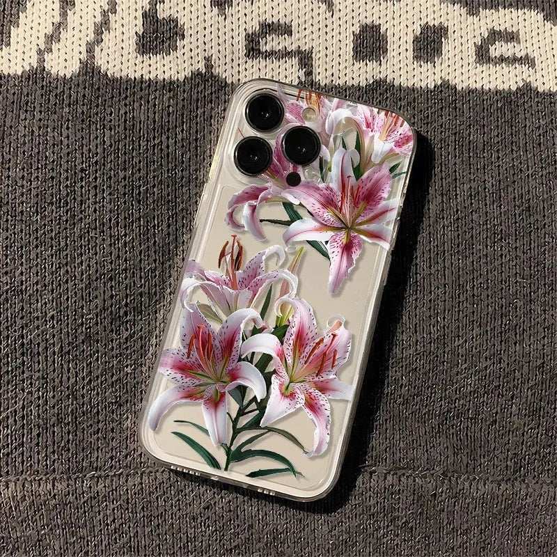 Transparent TPU phone case with embossed lily design, anti-fall back cover for iPhone models