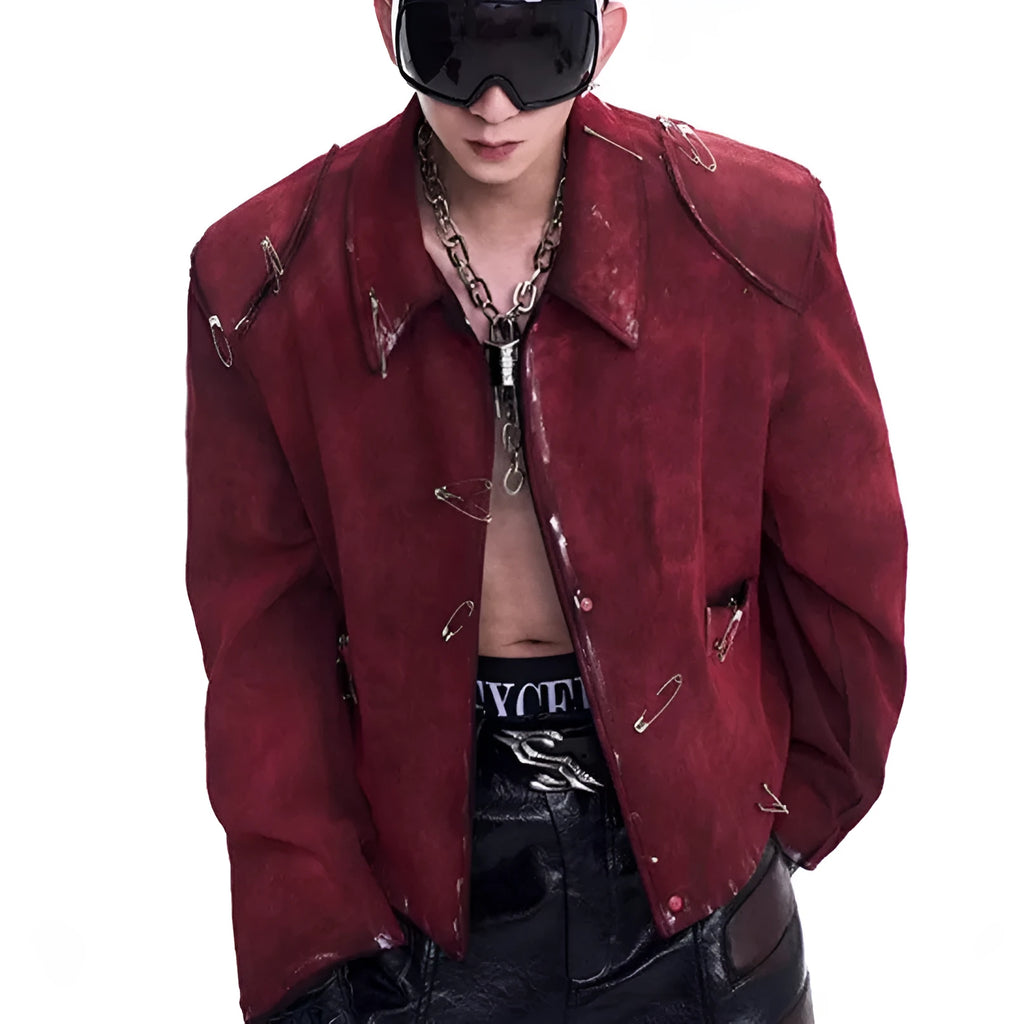 Men's red quilted jacket with decorative pin and flocking detail, loose fit with lapel collar