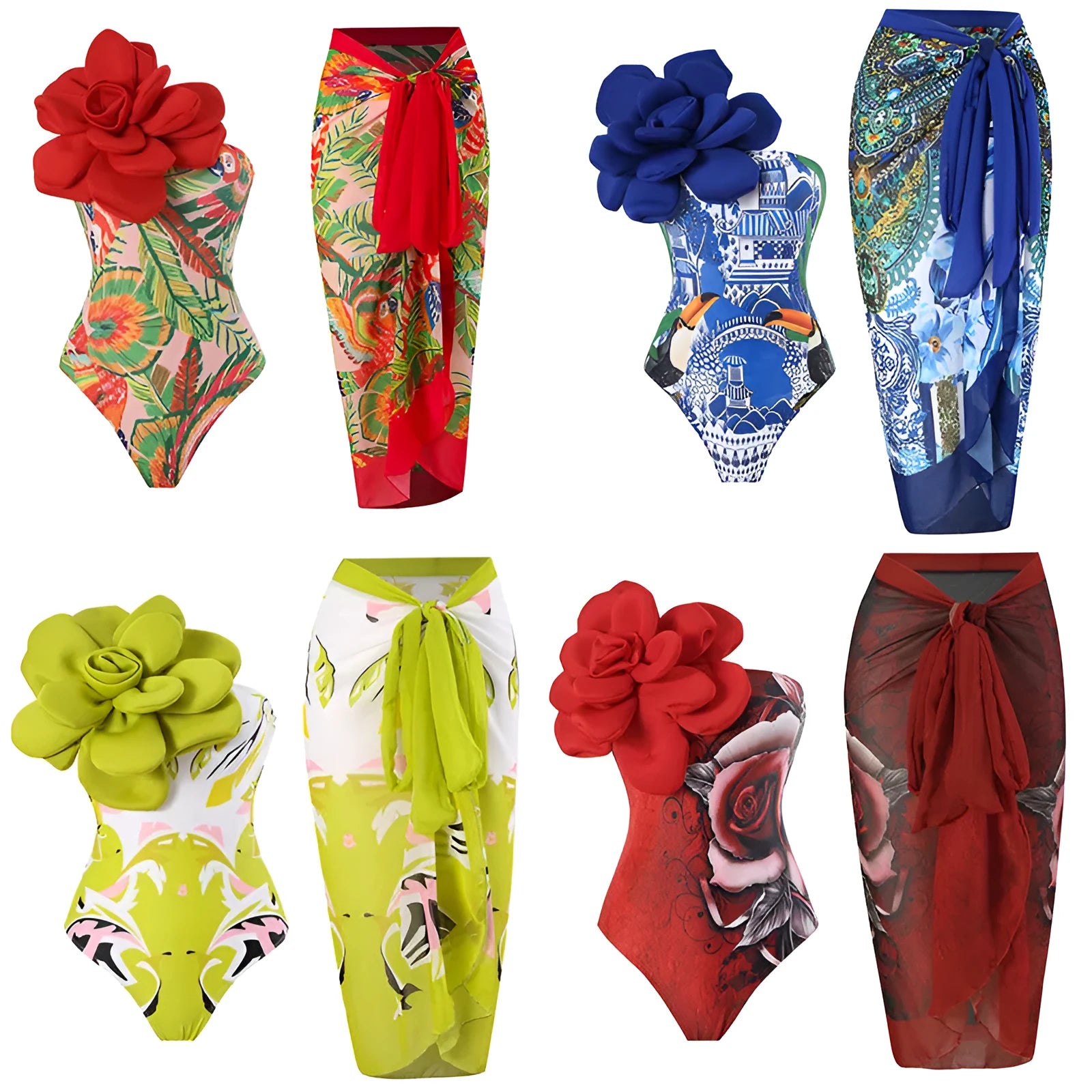Women's fairy style printed one-piece swimsuit with matching light gauze skirt cover-up set.