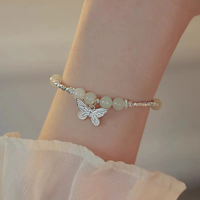 Hetian jade bracelet and necklace set for women with silver butterfly charms on electroplated copper chains
