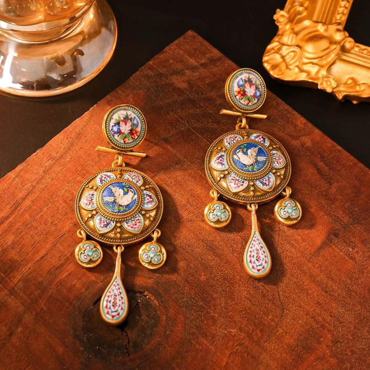 Vintage court style rattle drum ear studs with peace dove design for women