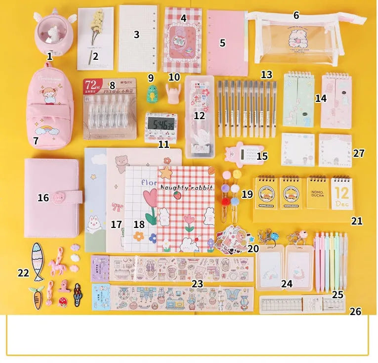 Stationery gift set with B5 and A5 notebooks, pens, ruler, correction bands, and oil pen bag.