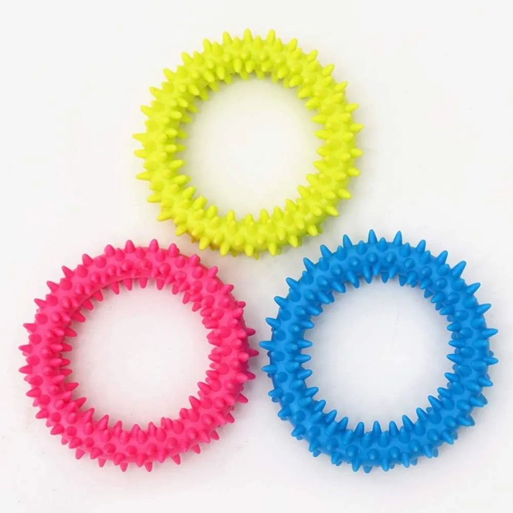 Blue spiky circle ring dog chew toy made of TPR for bite training and dental cleaning.