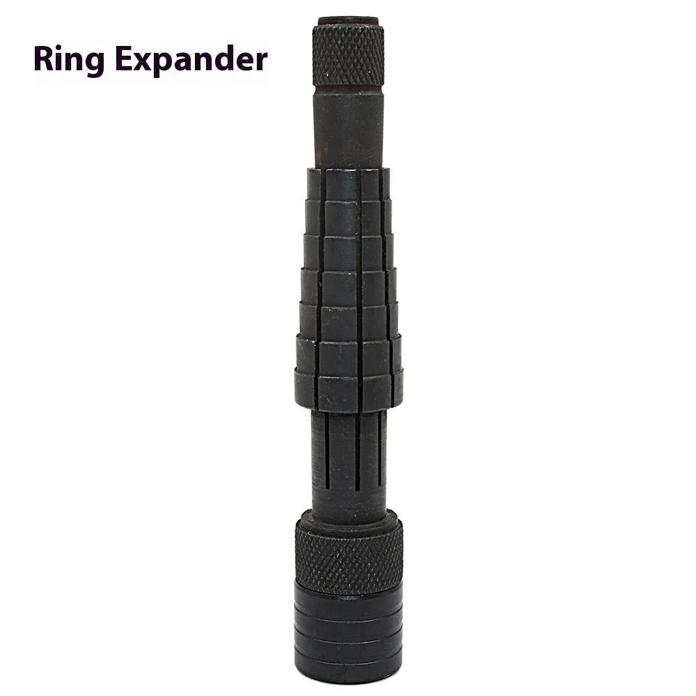 Plastic ring expansion tool with circular stretcher design for resizing metal jewellery bands.