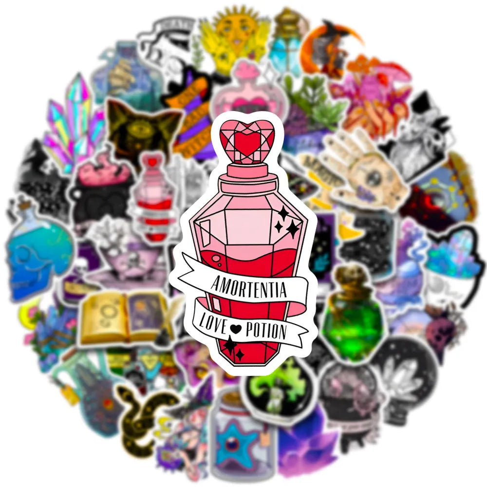 A pack of 50 colourful waterproof PVC graffiti stickers in various sizes from 3cm to 8cm.
