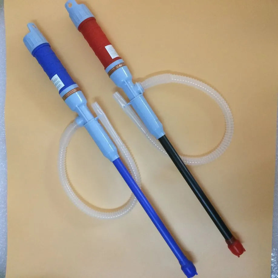 Blue and red manual hand siphon pump for transferring gasoline and liquids.