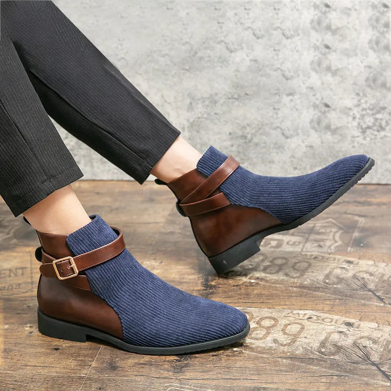 Men's high top retro platform work boots in beige or blue with rubber sole and front lace-up fastening