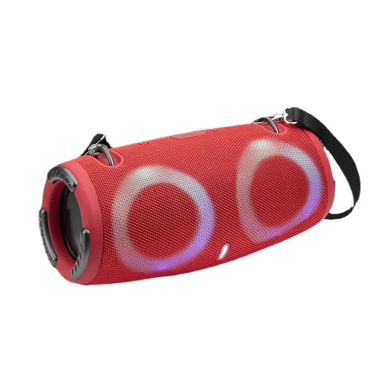 Portable war drum design Bluetooth speaker with RGB coloured lights in blue, black, red, silver grey, or camouflage.