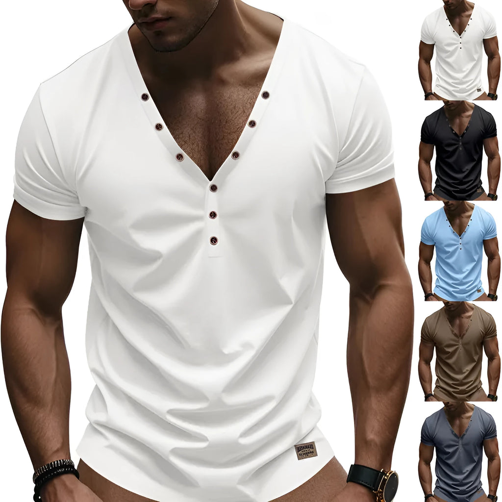 Men's loose V-neck casual top with button detail in chemical fibre blend fabric