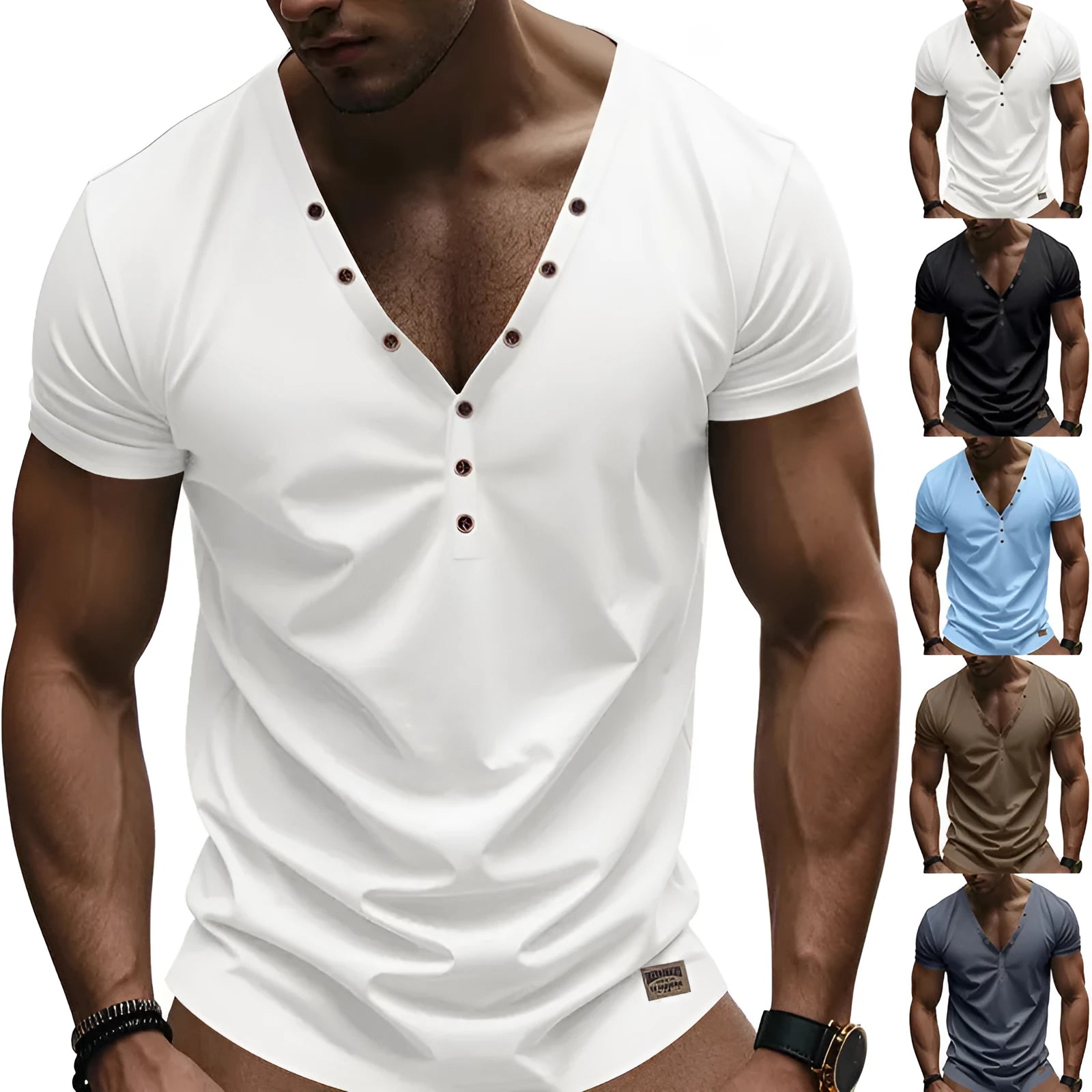 Men's loose V-neck casual top with button detail in chemical fibre blend fabric
