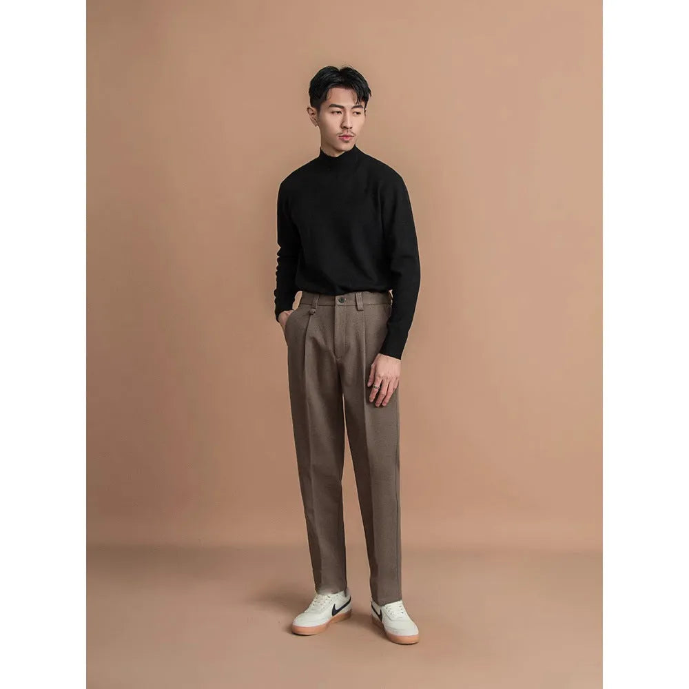 Men's straight cut suit trousers in draped casual design available in four colours