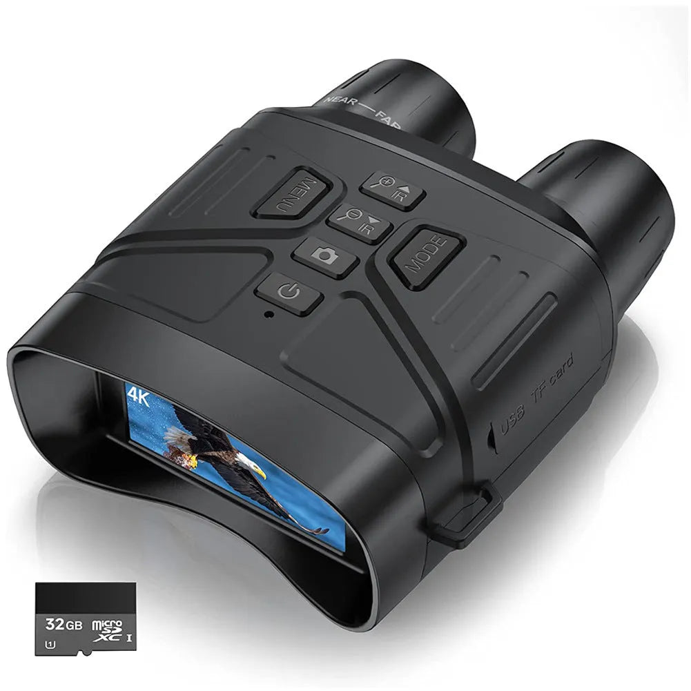 Black 4K night vision monocular with LCD screen showing night vision display