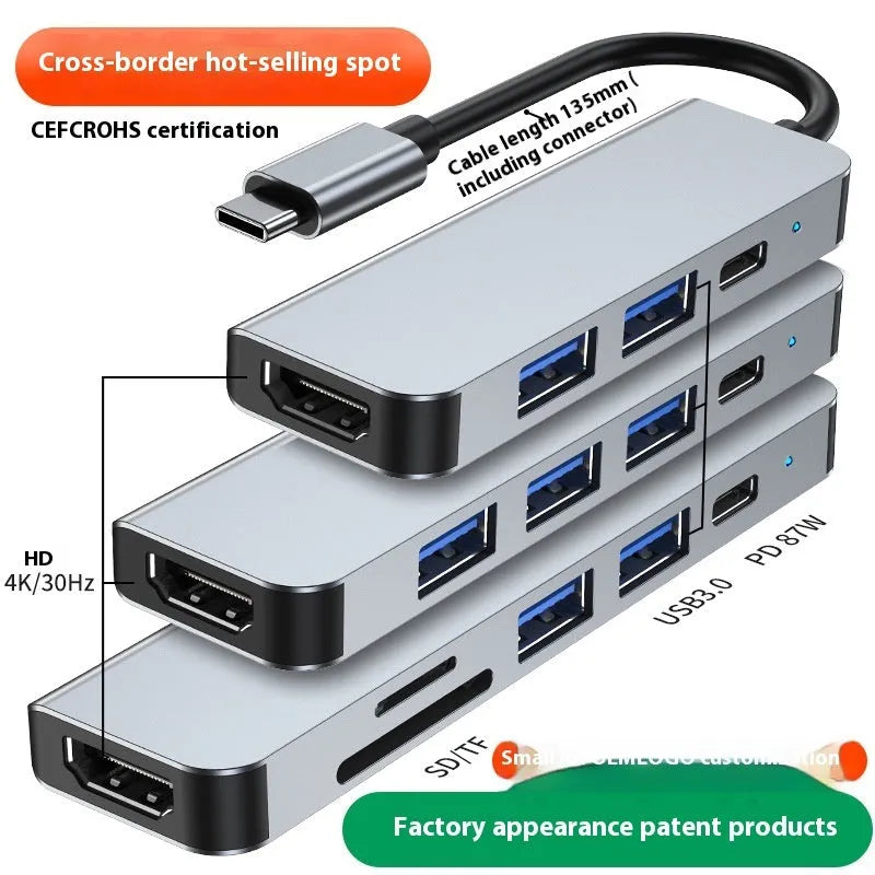 Portable USB-C expansion dock with six interfaces for laptop and tablet connectivity