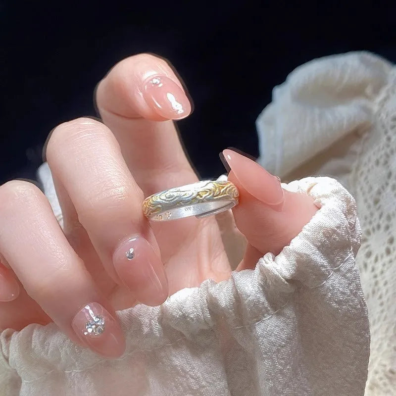 White copper geometric ring with xiangyun pattern and silver gold electroplating, open mouth adjustable design